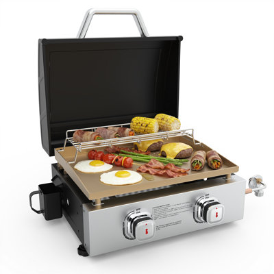 Plaque chauffante portative au propane à 2 brûleurs de 22 pouces avec hotte, gril plat de 18 000 BTU - 345 pieds carrés dans la zone de cuisson et la grille de réchaud pour le camping, le barbecue et la cour arrière
