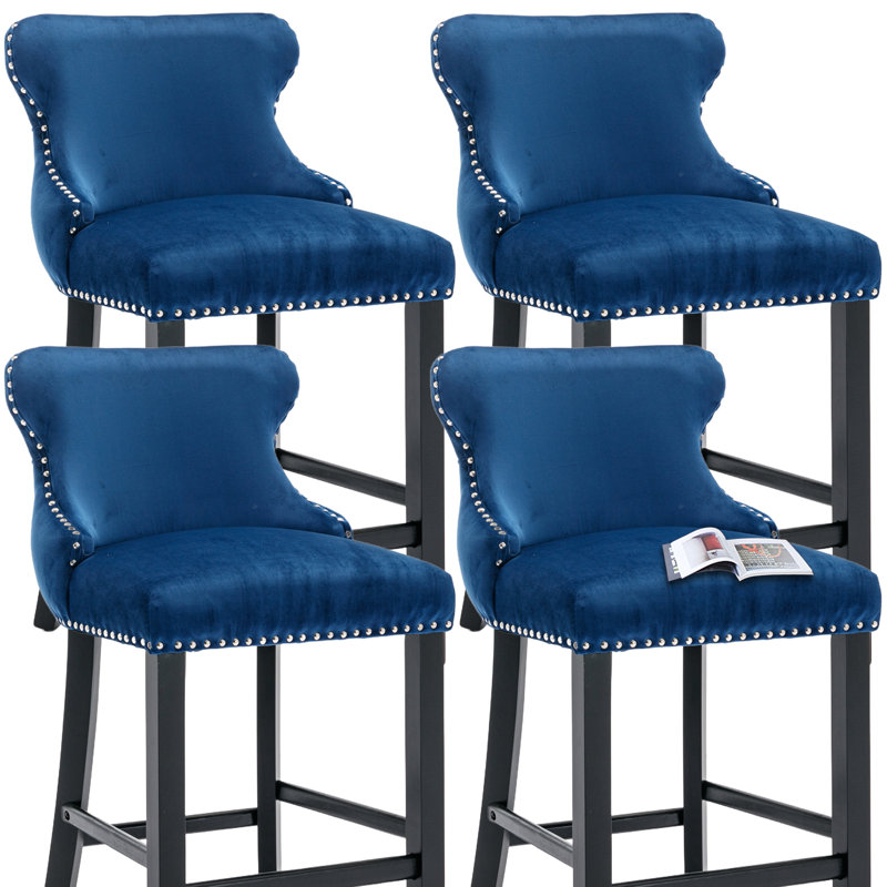  Modern Velvet Upholstered Bar Stools Counter Height Barstools Set of 4, Blue
