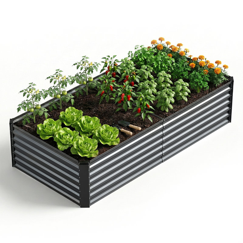 Oretha Outdoor Ground-Level Planter Box With Galvanized Steel Frame, Open-Ended Base Garden Bed For Yard, Gray
