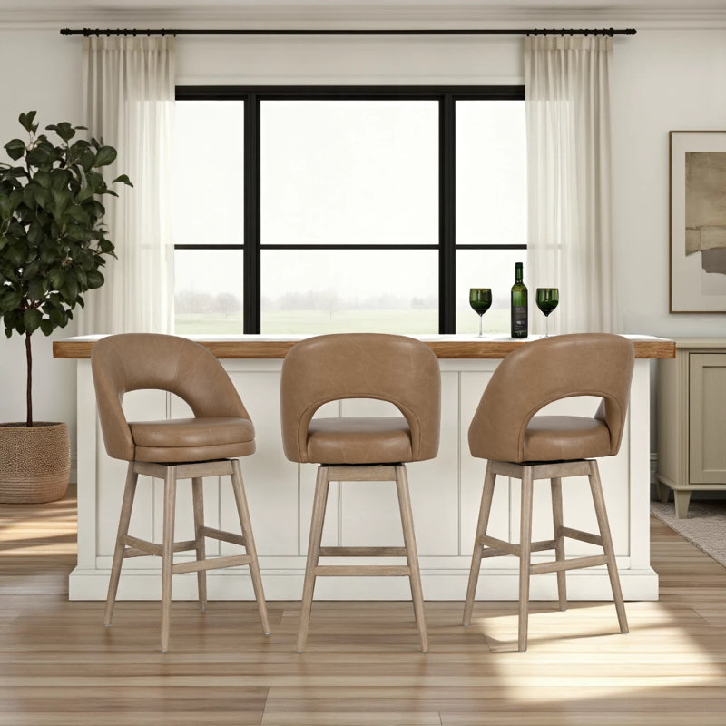 Kendricque Mid-Century Modern Swivel Rubberwood Counter Or Bar Height Barstool With Faux Leather Seat
