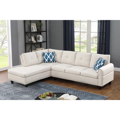 L - Shaped 3 Piece In Beige, Seating Four For Game And Movie Entertainment, Pull Down Middle Seat With Cup Holders, Two Toss Pillows Storage, Solid Frame Faux Leather, Foam Filled Cushions Hand Tied