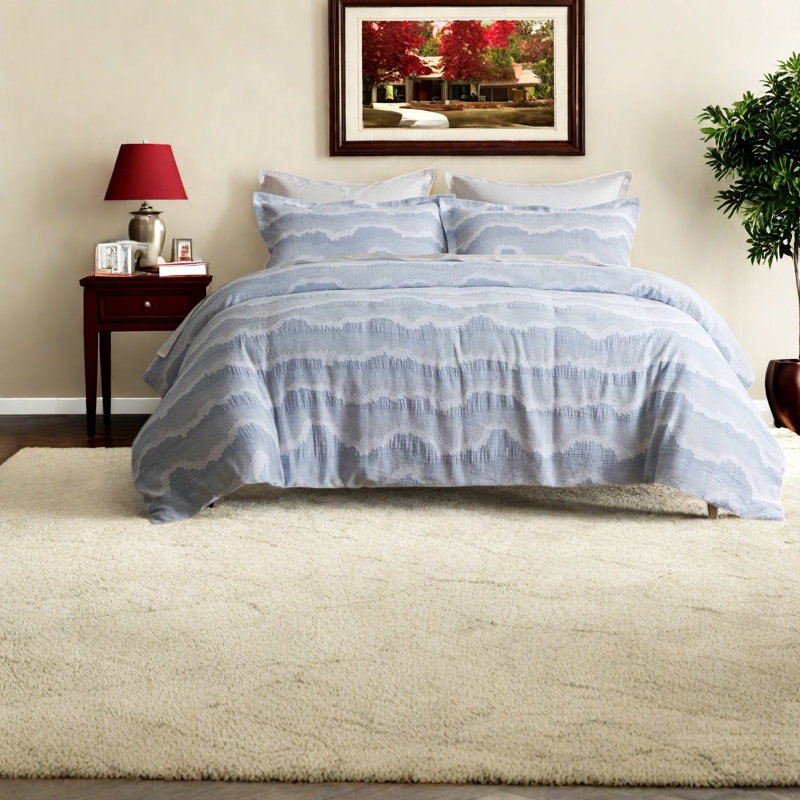 Premium 3-Piece King Cotton Bedding Sets, Blue Jacquard, Modern Home