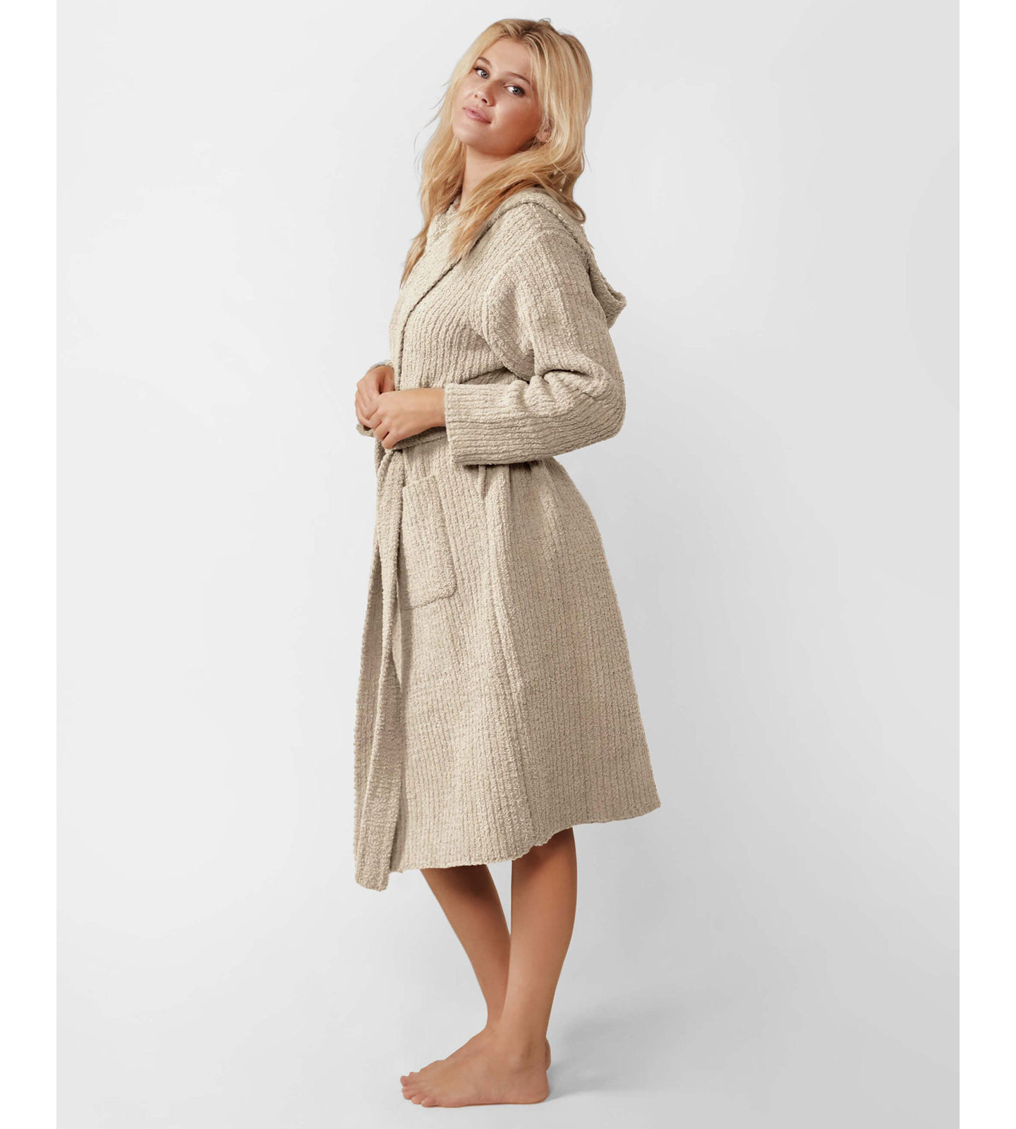 Ribbed Hooded Robe, S / M, Biscotti