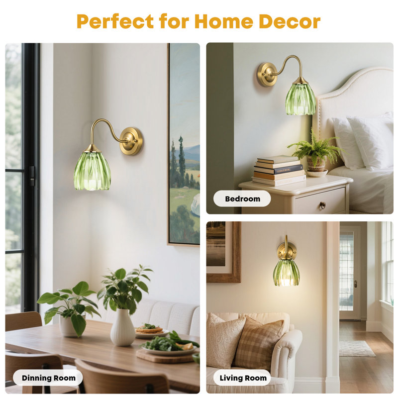 Battery Operated Wall Sconce Set Of 2, Vintage Green Tulip Glass Lampshade With 5000 Mah Rechargeable Wall Sconces, Battery Powered Wall Lights Dimmable With Remote Control For Bedroom