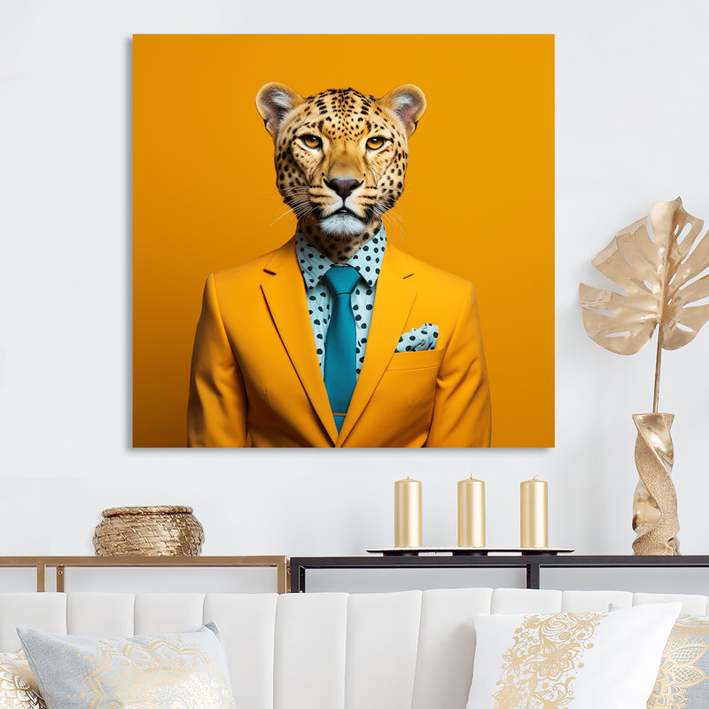 Art mural en métal jaune et bleu avec guépard, H 16 po x l 16 po x P 1 po