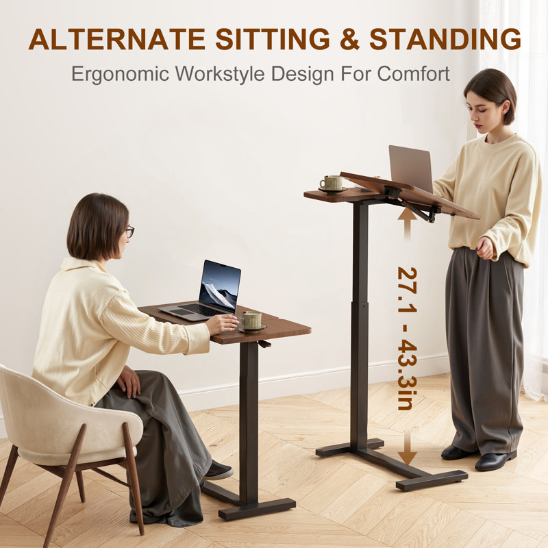 Solid Wood Height Adjustable Overbed End Table with Tilt Top, C-Shaped Mobile Bedside Desk, Brown