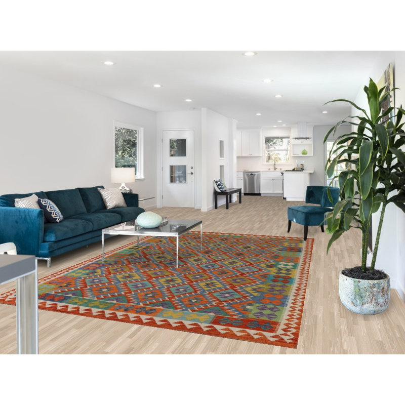 Tapis de salon multicolore en laine Kilim 7 x 10