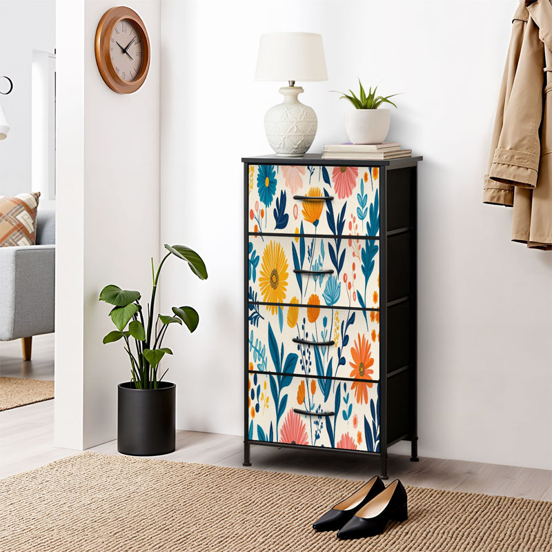 Commode pour commode de chambre à coucher pour commode à fleurs colorées avec commodes à fleurs bleues et orange, commodes en tissu et rangement avec bacs de rangement à 4 tiroirs