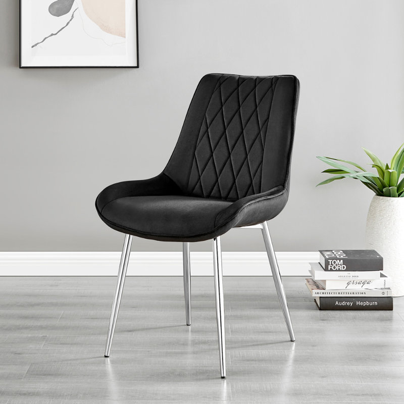 Palermo Velvet Modern Dining Chairs with Tapered Metal Legs & Quilted Diamond Stitching, Silver, Black