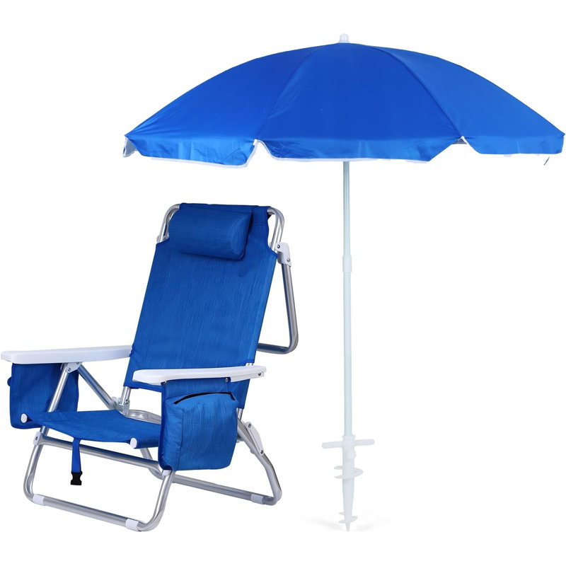 Folding Backpack Beach Chair with Built-In Cooler, Umbrella, and Cup Holder, for Outdoor Use (Blue - 1 Pack)