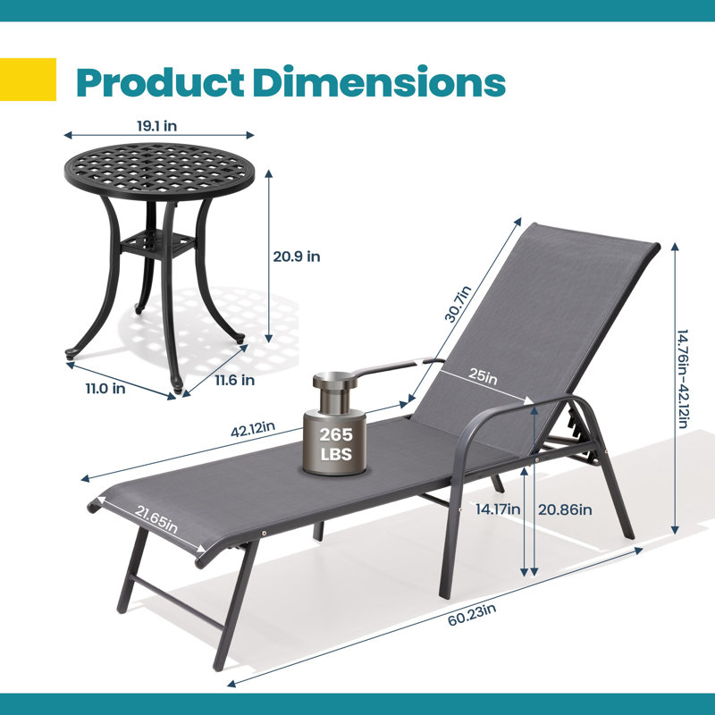 Aluminum Outdoor Chaise Lounge with Round Table, Gray