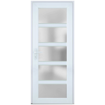 Porte d'entrée extérieure prémontée en PVC-U blanc satiné, verre dépoli, Manux 8002, pour bureaux, commerces et habitations. Convient également pour le patio et le garage. Dimensions : L 91,4 cm x H 203,2 cm (ouverture droite vers l'intérieur).