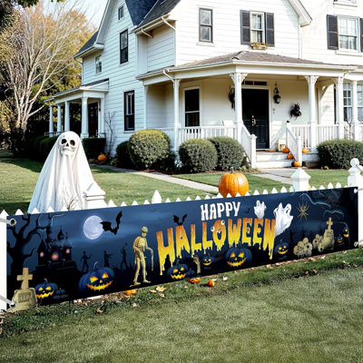 Bannière Xtralarge Happy Halloween pour l'extérieur - 120 x 20 pouces | Décorations bleues d'Halloween pour l'extérieur | «Happy Halloween Yard» pour les décorations de jardin d'Halloween | Bannières d'Halloween pour l'extérieur