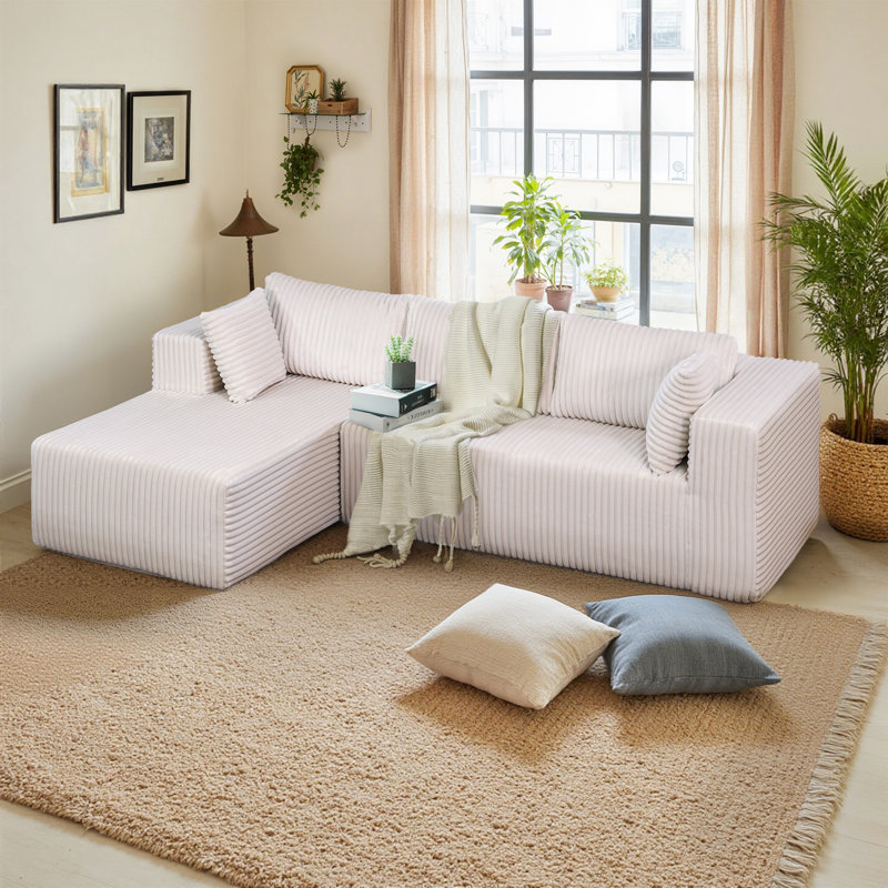 Canapé modulaire 105 po avec méridienne Cloud, siège profond modulaire, aucun assemblage requis, canapé rembourré en velours côtelé pour le salon, méridienne droite beige