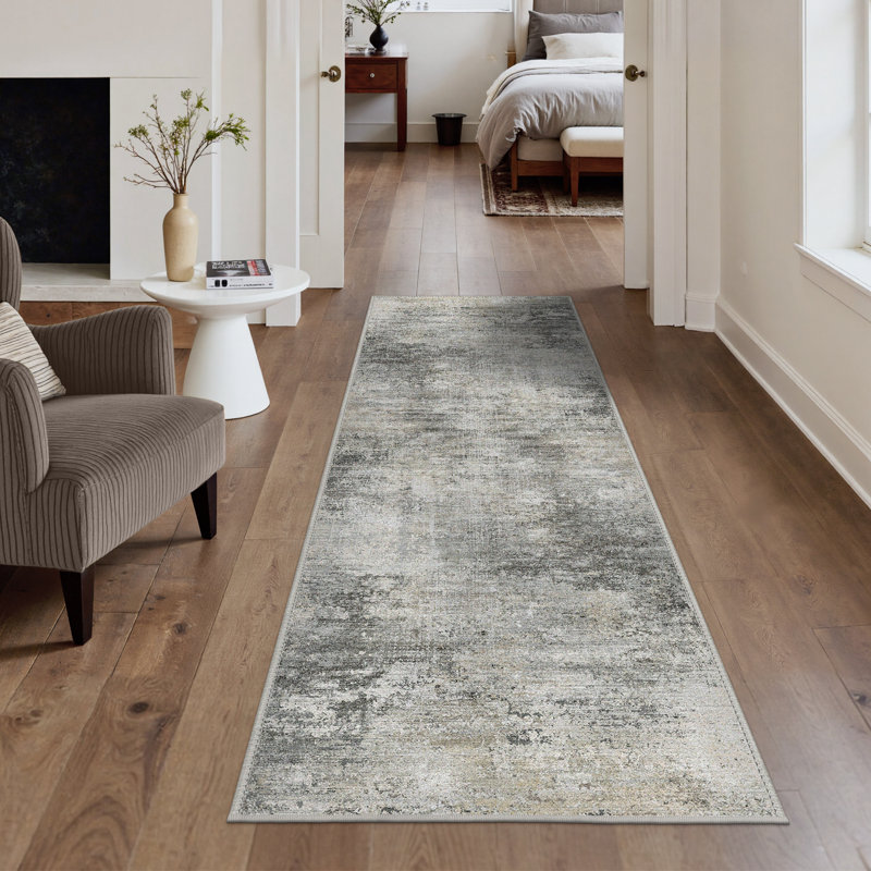 Mignone Pavelina Abstract Machine Washable Light Grey/Charcoal Indoor Area Rug With Non-Slip Backing, Runner 2' x 7'
