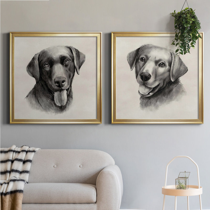 «Charcoal Labrador I», ensemble de 2 reproductions d'art sur toile, H 26,5 po x l 53 po x P 1,5 po, Toile encadrée d'or