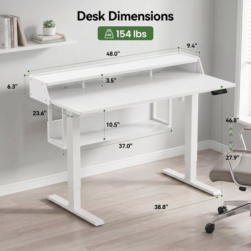 Electric height adjustable desk, adjustable stand desk, monitor stand with bookshelf, standing gaming desk with LED light strip，Suitable for home and office