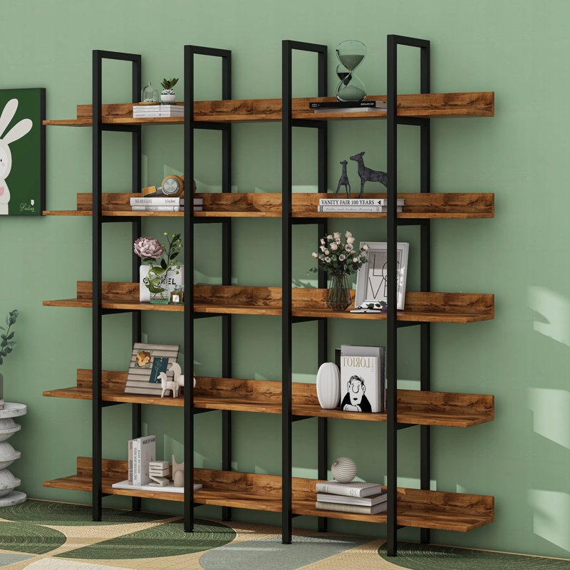 5 Tier Bookcase With Metal Frame, Open Book Display Shelf, Brown
