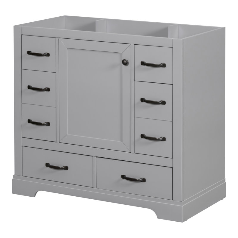 Armoire de salle de bain moderne, grise, 6 tiroirs, tablette réglable, base d'armoire en bois massif, Gris