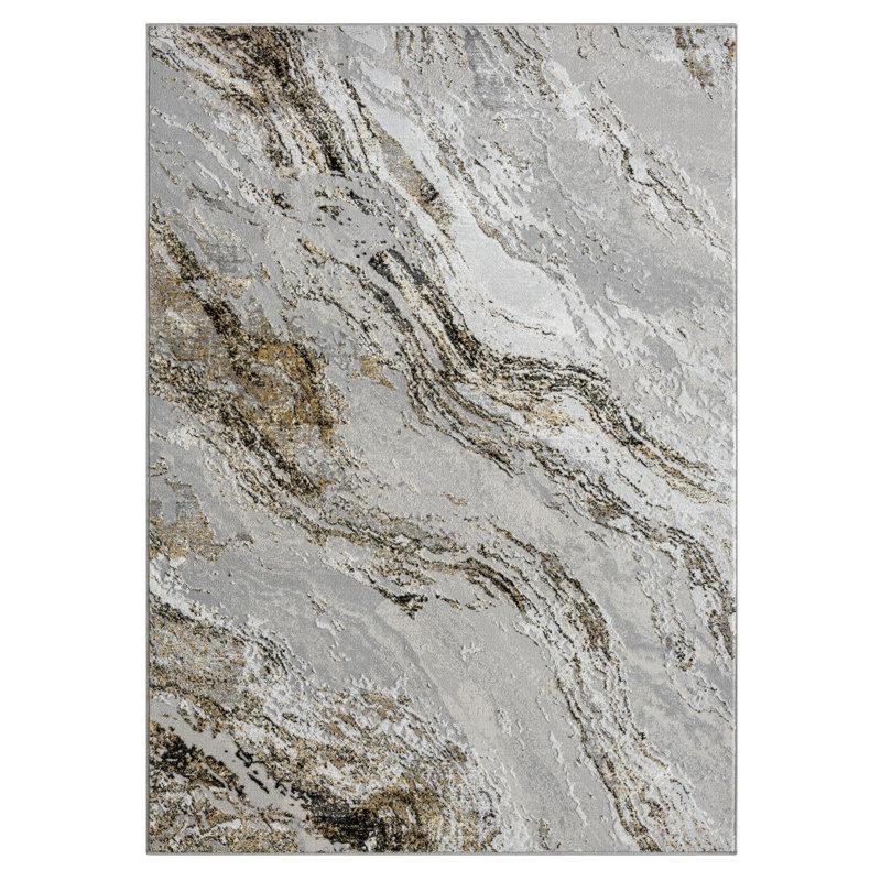 Tapis rectangulaire gris abstrait en polypropylène tissé à la machine Jadarious, Rectangle 5 pi x 7 pi