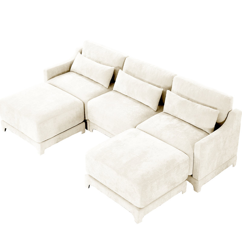 Trois places en chenille beige, 2 repose-pieds mobiles, coussin lombaire, rembourrage en mousse, conception élégante des accoudoirs, options de configuration flexibles en chenille avec mousse de résilience de soutien, base en bois robuste,