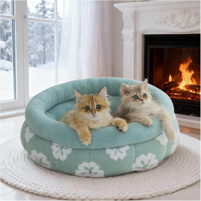 Cat Beds For Indoor Cats, Washable Round Cat Bed, Cute 3D Flower Kitten Bed With Anti-Slip Bottom For Puppy And Kitten, 20 Inches, Green