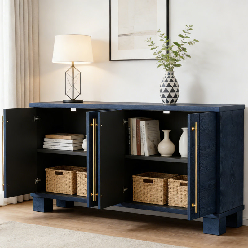 Buffet en bois avec tablettes réglables et poignées dorées pour une utilisation dans plusieurs pièces