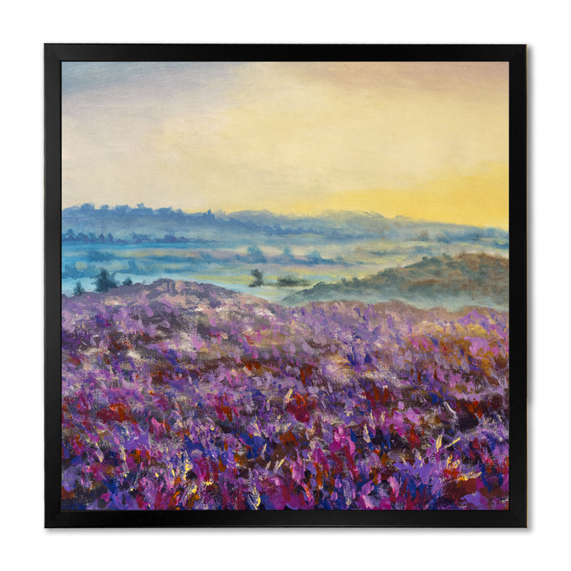 Lever de soleil sur la lavande - Peinture, Toile avec cadre noir, L 16 po x H 16 po