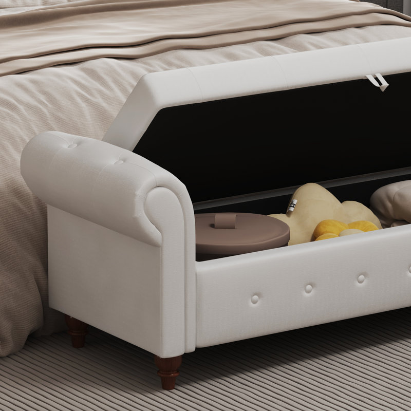 Banc de rangement Conring, banc de rangement rembourré avec repose-pieds, Blanc, crème, H 24 po x l 63 po x P 22 po
