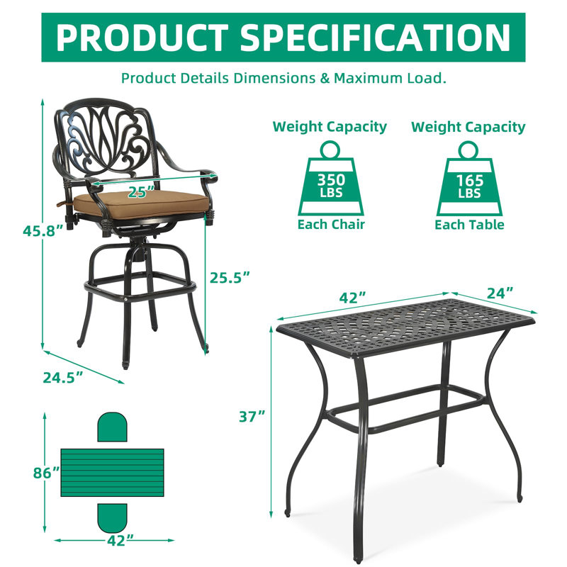  3-Piece Outdoor Swivel Bar Stools Set, All Weather Cast Aluminum Patio Bar Height Bistro Set With 2 Cushioned Bar Chairs & 41.98" X 23.98" Rectangular High Bar Table For Deck, Garden & Poolside