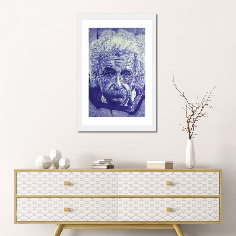« Einstein Ballpoint Pen » par Ben Heine-impression d’art graphique, H 24 po x l 16 po x P 1 po, Papier encadré blanc, Blanc