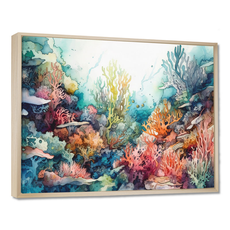 «Vibrant Coral Reef III - Modern Beach», art mural, H 24 po x l 32 po x P 1 po, Cadre flottant érable