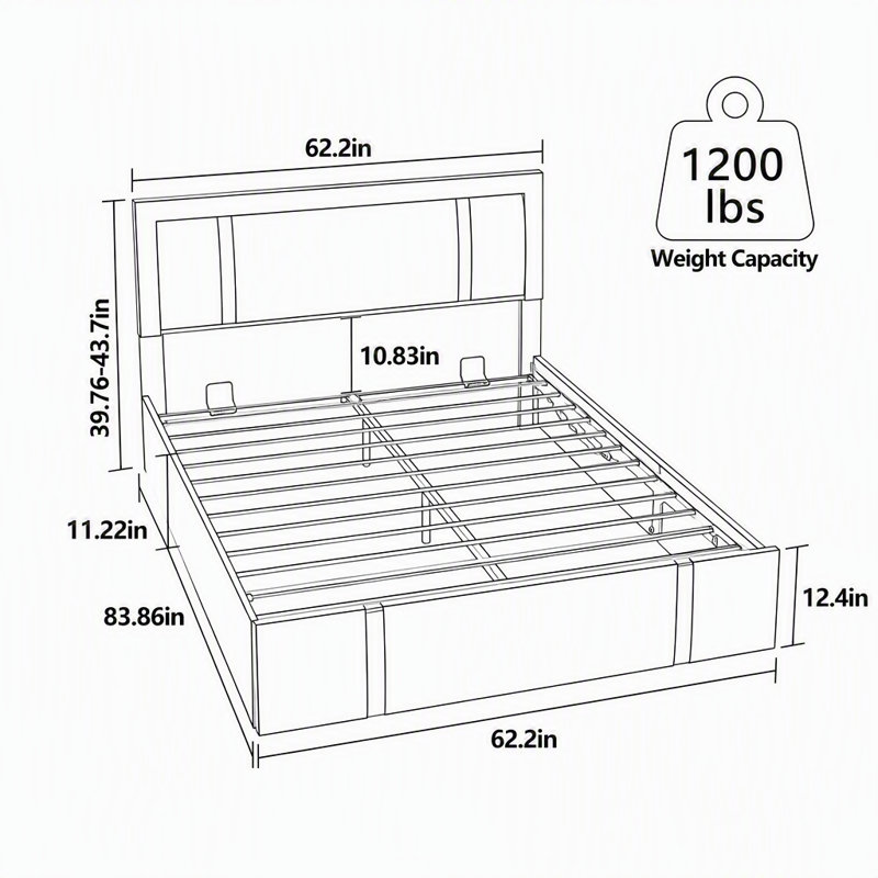 Lit plateforme relevable avec rangement intégré, revêtu de similicuir, tête de lit DEL RVB réglable, ports de chargement USB-C et sommier à lattes métalliques, lit moderne à assistance hydraulique