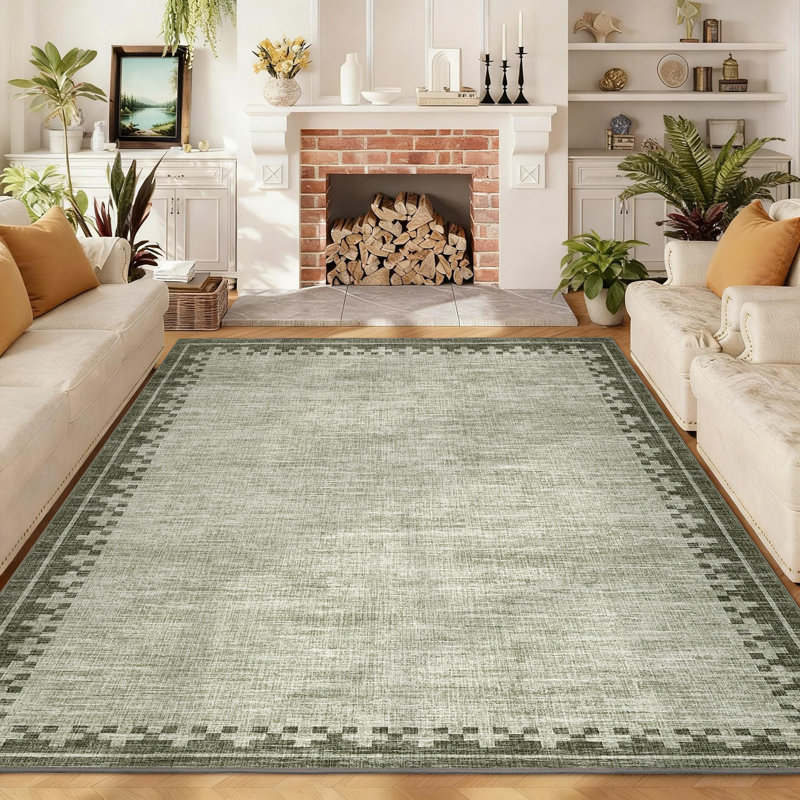 Modern Bordered Washable Area Rugs for Living Room Bedroom, Stain Resistant & Non Shedding Cozy Soft Low Pile Carpet, Green
