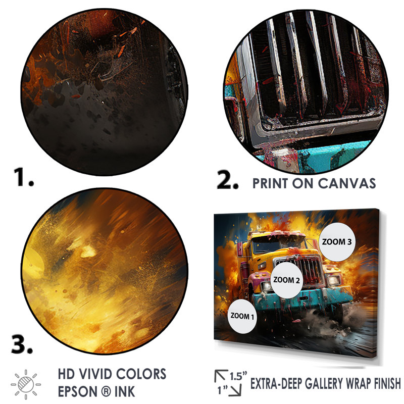«Expressionist Monster Truck Fury II» sur toile, Cadre flottant noir, H 16 po x l 32 po x P 1 po