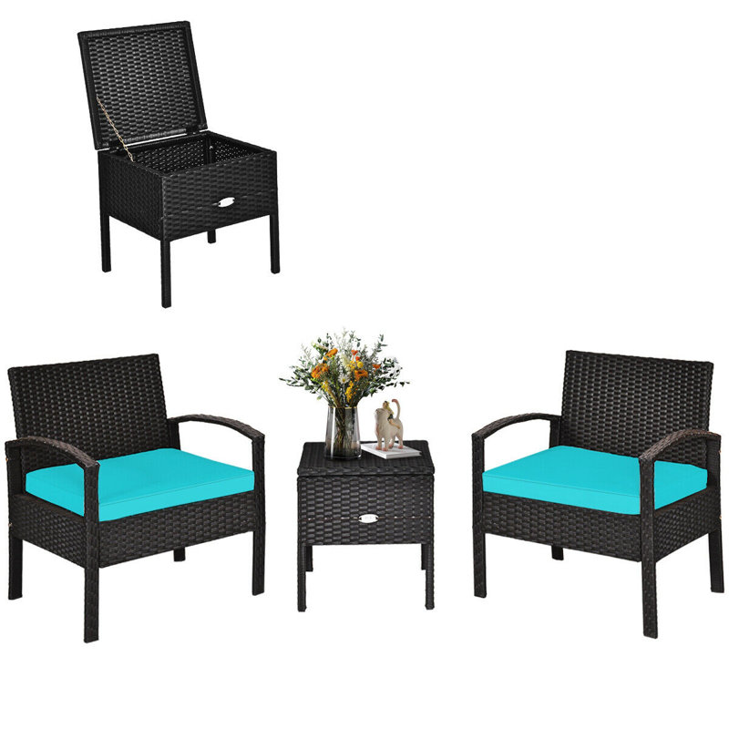 2 - Person Patio Conversation Set with Cushions, Turquoise, Black
