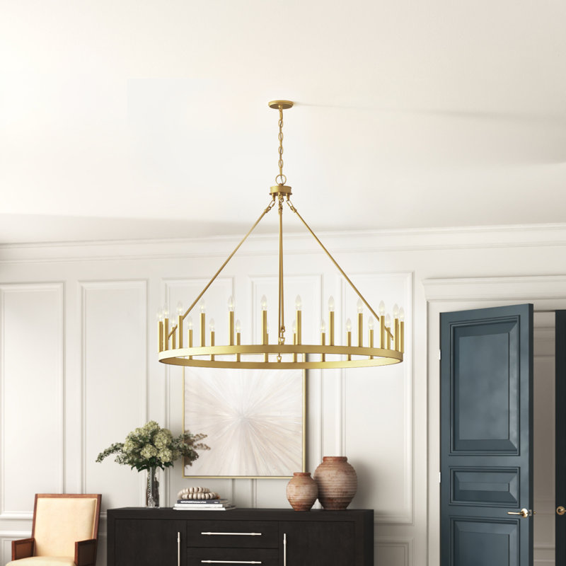 Adriana 24-Light Dimmable Candle Style Wagon Wheel Chandelier, Satin Brass
