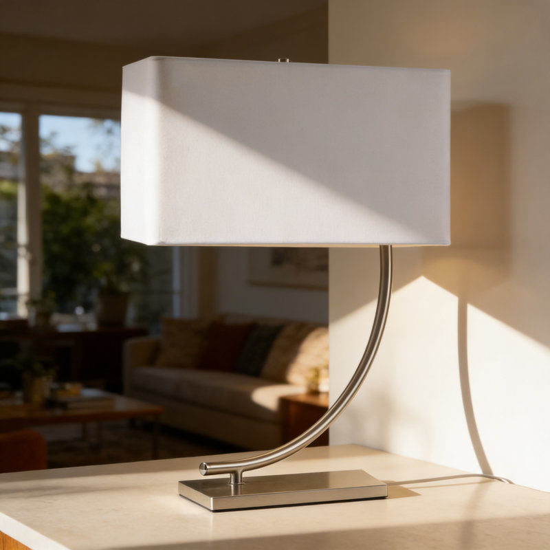 Lampe de table haute 22,5 po en métal avec finition argentée et design incurvé, abat-jour blanc