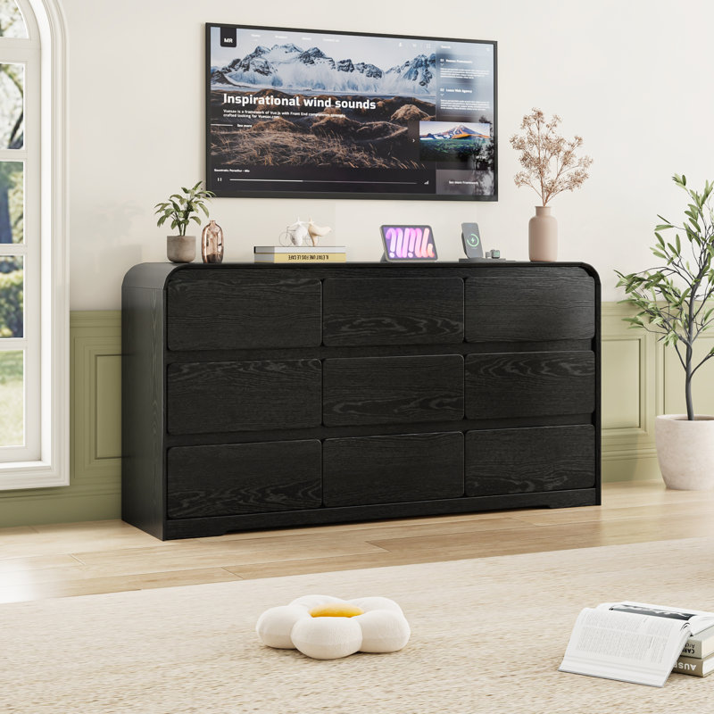 63" 9 Drawer Dresser With Charging Station, Rounded Corners, Black