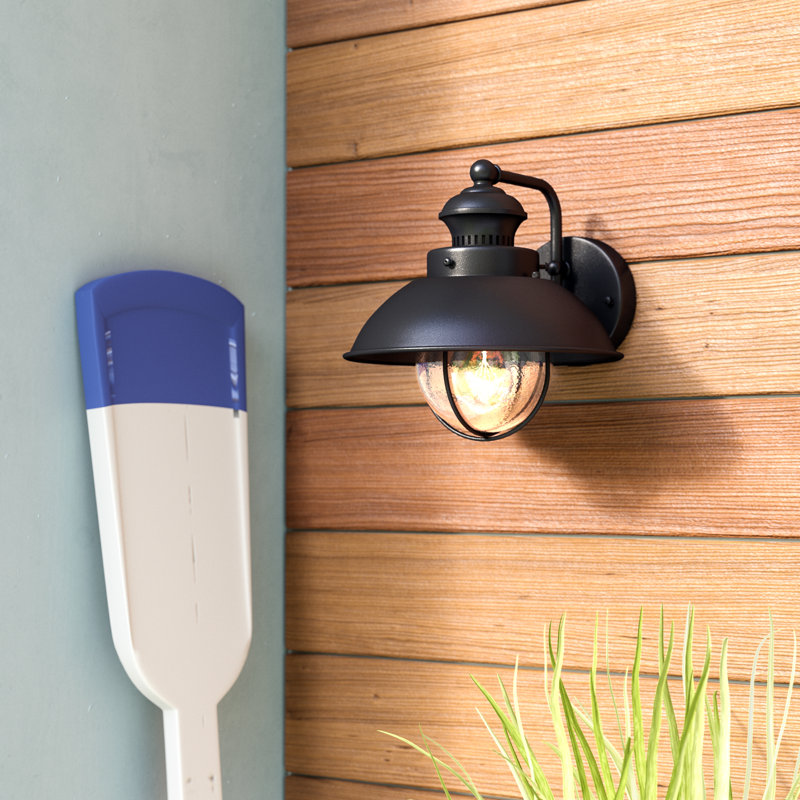 Mohnton 8 in. H 1-Light Brushed Nickel Coastal Outdoor Wall Sconce made of Durable Steel, Clear Seeded Glass Shade, LED Compatible, Use for Exterior Porch Patio Front Door or Garage