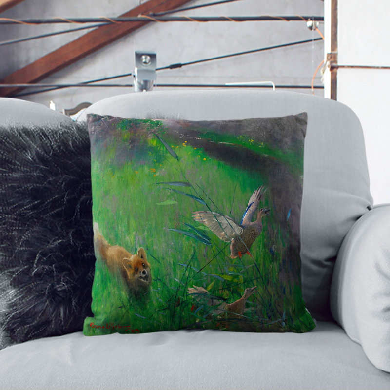 Fox And Seabirds Square Throw Cushion, White, 40cm H x 40cm W x 15cm D