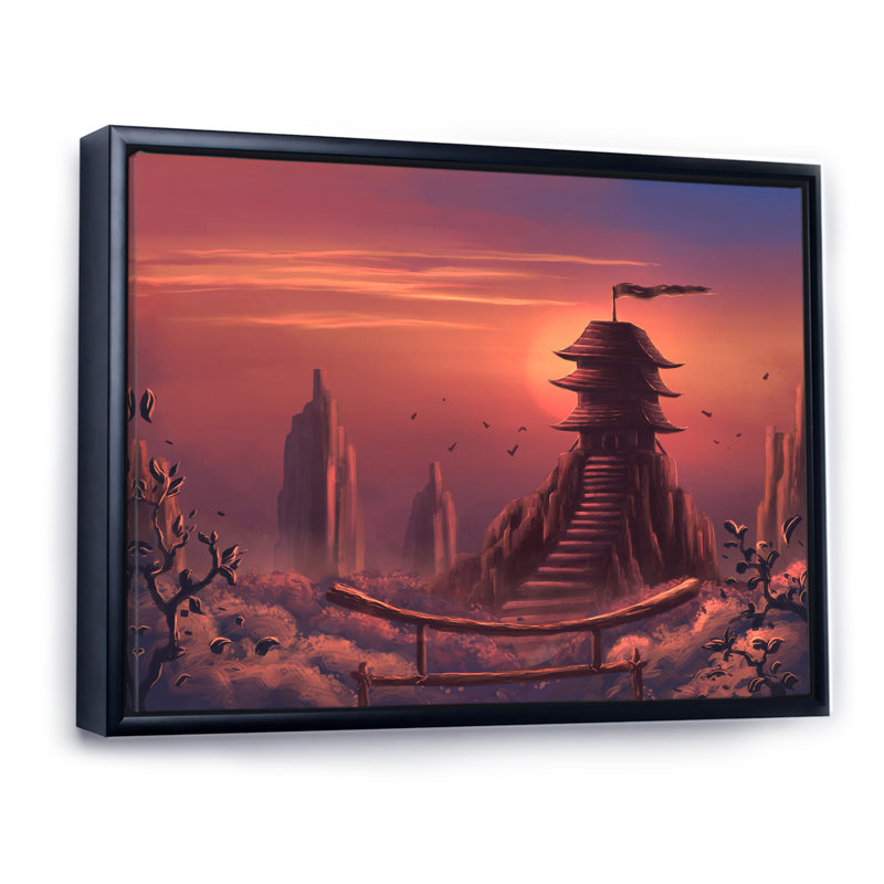 «Video Game Fantasy Buddhist Temple Sunset», reproduction de photo sur toile, H 8 po x l 12 po x P 1 po, Cadre flottant noir