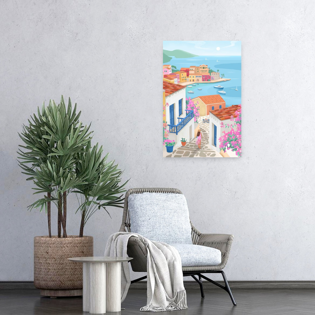 Mediterranean Coastal Village Colorful Serene Contemporary Coastal Landscape Wall Art Print