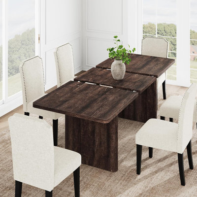 Extendable Dining Table Set for 8‑10 People, 63"‑82.68" Rectangular Table with Rounded Corners, Cotton Linen Upholstered Chairs for Kitchen & Dining Room