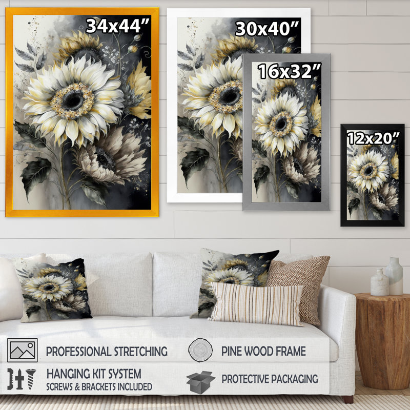Tournesol blanc - art mural grand tournesol, Impression noire sur toile encadrée, H 44 po x l 34 po x P 1,5 po