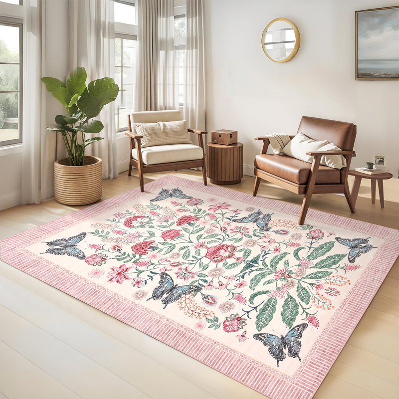 Garden-Inspired Butterfly Washable Area Rug, Stain Resistant Soft Floor Cover for Living Room Bedroom Dining Room, Pink