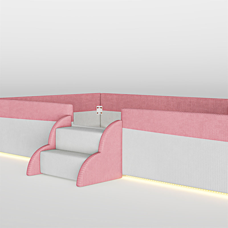 Lit rembourré avec clôture et lumières DEL intelligentes, Lit simple, Rose et blanc