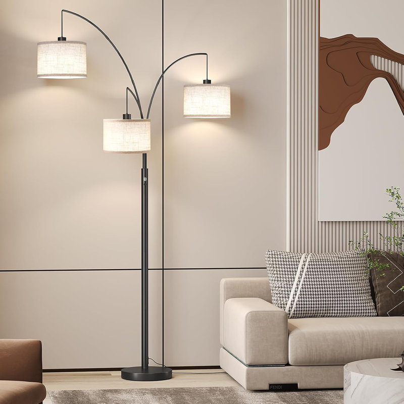 Tall Modern Arc Floor Lamp With Rotatable Hanging Drum Shades, Rotary Switch, Heavy Metal Base For Living Room, Bedroom, Office