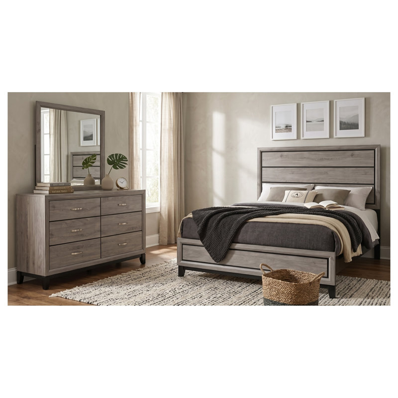 Ensemble de chambre à coucher 3 pièces Sutter taupe clair pour lit queen avec lit à panneaux, commode et miroir