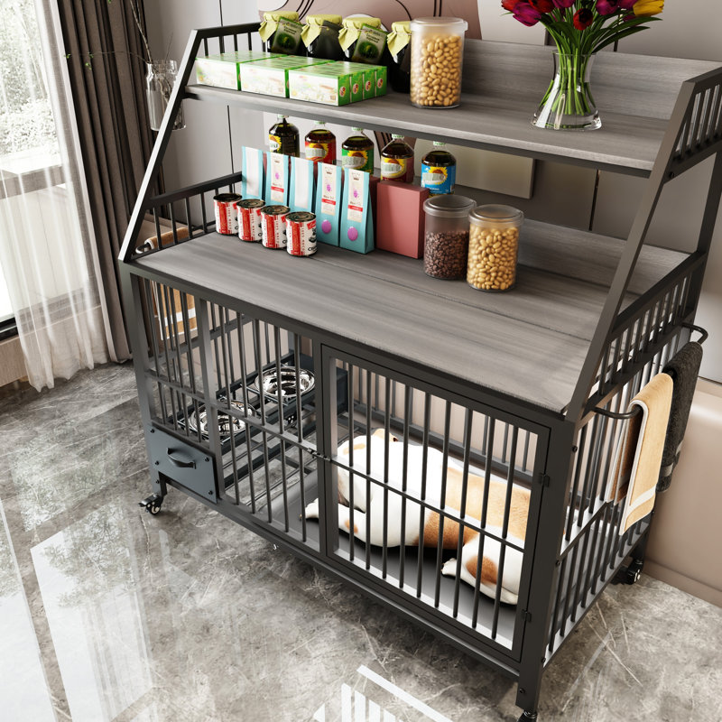 Grande cage pour animal de compagnie avec structure en fer, support de rangement, 35,96 po Profondeur, 49,4 po de hauteur, gris fumée et double couche, poignées, 23,66 po de largeur
